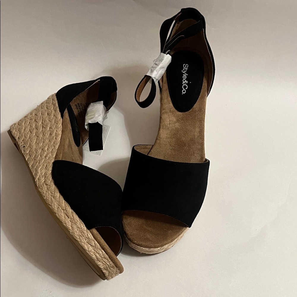 Style & Co. Black Espadrille Wedge Sandals with Ankle Strap